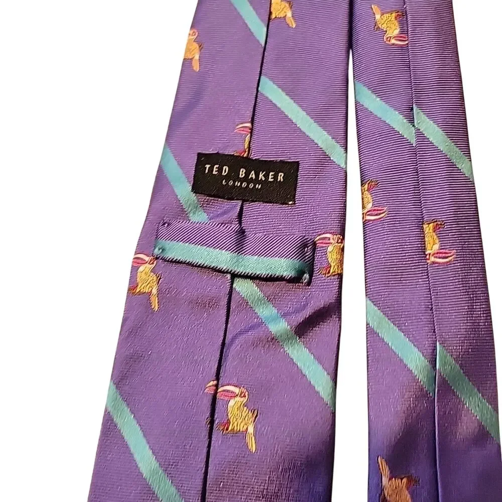 Ted Baker London Silk Neck Tie Mens Repp Purple Embroidered Birds Satin